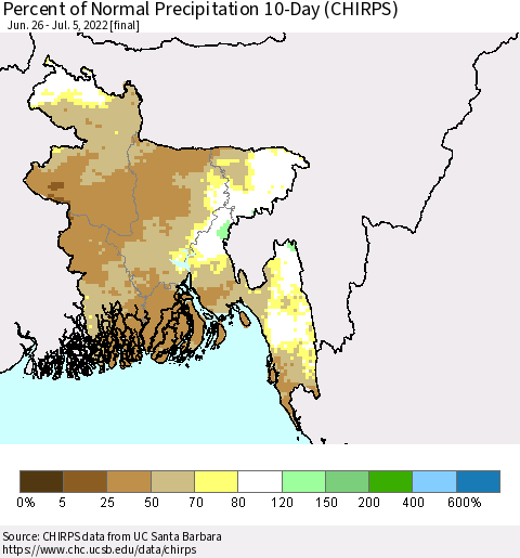 Bangladesh Percent of Normal Precipitation 10-Day (CHIRPS) Thematic Map For 6/26/2022 - 7/5/2022
