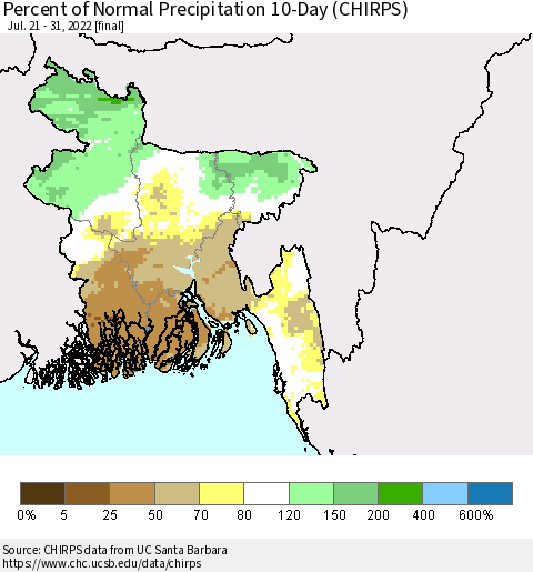Bangladesh Percent of Normal Precipitation 10-Day (CHIRPS) Thematic Map For 7/21/2022 - 7/31/2022