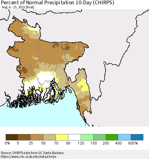 Bangladesh Percent of Normal Precipitation 10-Day (CHIRPS) Thematic Map For 8/6/2022 - 8/15/2022