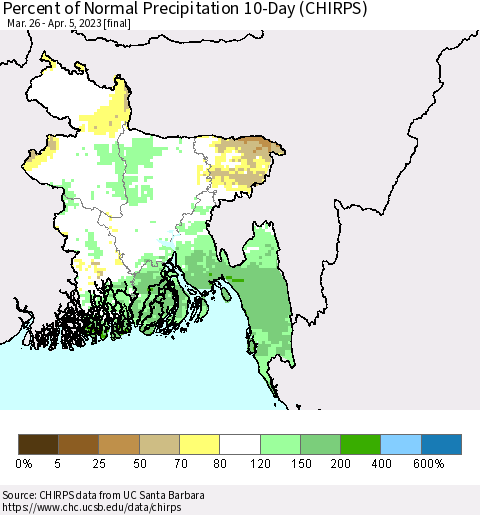 Bangladesh Percent of Normal Precipitation 10-Day (CHIRPS) Thematic Map For 3/26/2023 - 4/5/2023