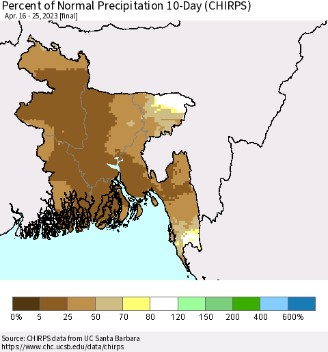Bangladesh Percent of Normal Precipitation 10-Day (CHIRPS) Thematic Map For 4/16/2023 - 4/25/2023