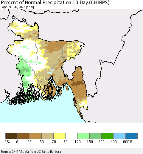 Bangladesh Percent of Normal Precipitation 10-Day (CHIRPS) Thematic Map For 4/21/2023 - 4/30/2023