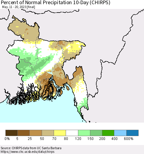 Bangladesh Percent of Normal Precipitation 10-Day (CHIRPS) Thematic Map For 5/11/2023 - 5/20/2023