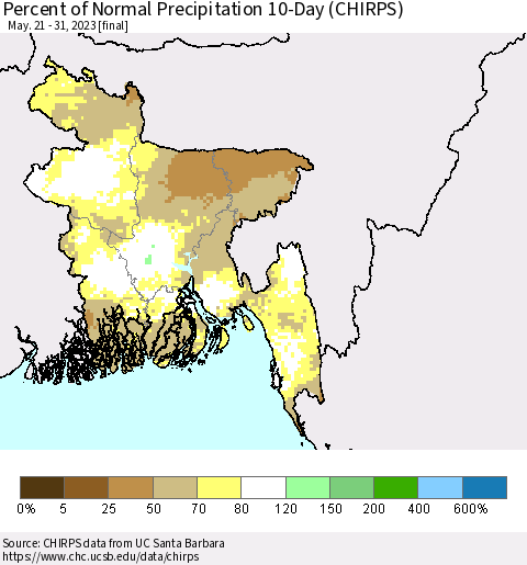 Bangladesh Percent of Normal Precipitation 10-Day (CHIRPS) Thematic Map For 5/21/2023 - 5/31/2023