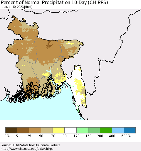 Bangladesh Percent of Normal Precipitation 10-Day (CHIRPS) Thematic Map For 6/1/2023 - 6/10/2023