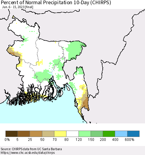 Bangladesh Percent of Normal Precipitation 10-Day (CHIRPS) Thematic Map For 6/6/2023 - 6/15/2023