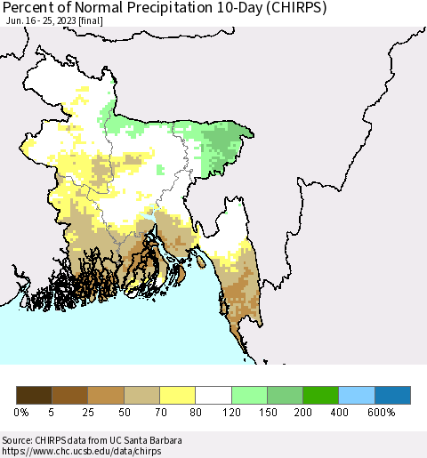 Bangladesh Percent of Normal Precipitation 10-Day (CHIRPS) Thematic Map For 6/16/2023 - 6/25/2023