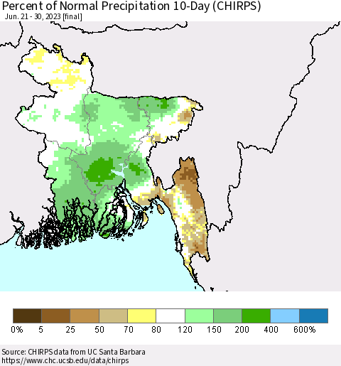 Bangladesh Percent of Normal Precipitation 10-Day (CHIRPS) Thematic Map For 6/21/2023 - 6/30/2023