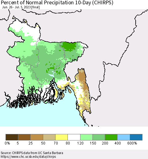 Bangladesh Percent of Normal Precipitation 10-Day (CHIRPS) Thematic Map For 6/26/2023 - 7/5/2023