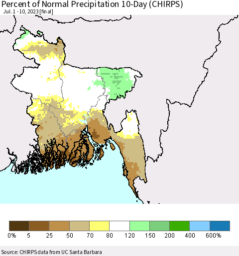 Bangladesh Percent of Normal Precipitation 10-Day (CHIRPS) Thematic Map For 7/1/2023 - 7/10/2023