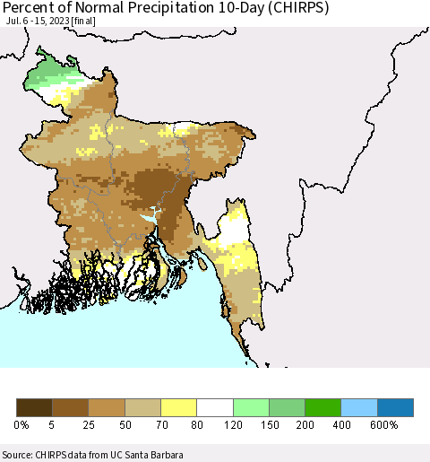 Bangladesh Percent of Normal Precipitation 10-Day (CHIRPS) Thematic Map For 7/6/2023 - 7/15/2023