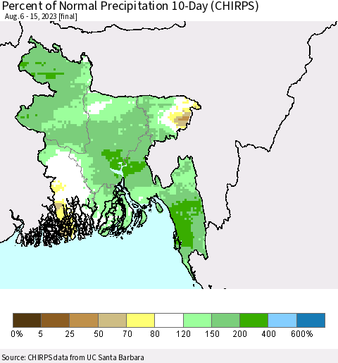 Bangladesh Percent of Normal Precipitation 10-Day (CHIRPS) Thematic Map For 8/6/2023 - 8/15/2023