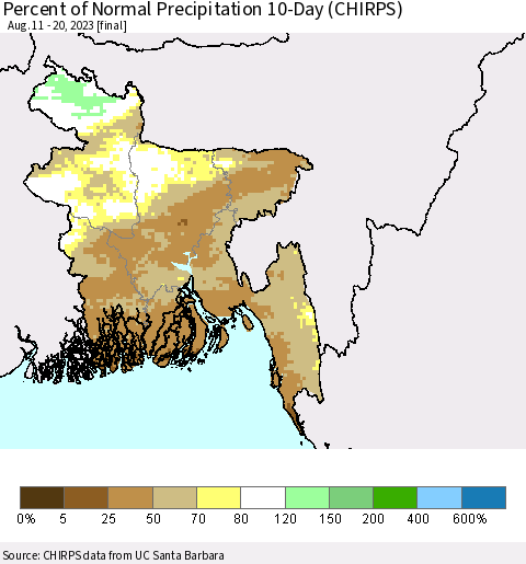 Bangladesh Percent of Normal Precipitation 10-Day (CHIRPS) Thematic Map For 8/11/2023 - 8/20/2023