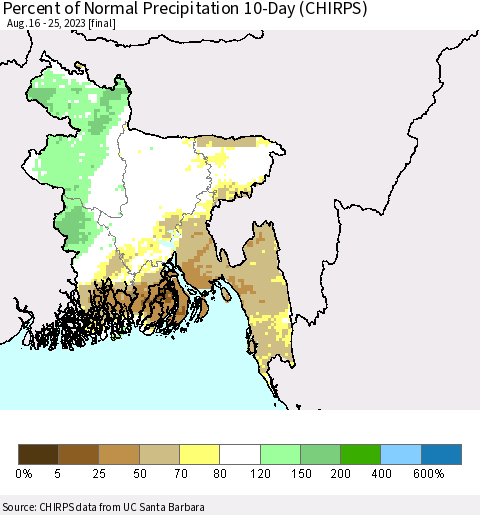 Bangladesh Percent of Normal Precipitation 10-Day (CHIRPS) Thematic Map For 8/16/2023 - 8/25/2023