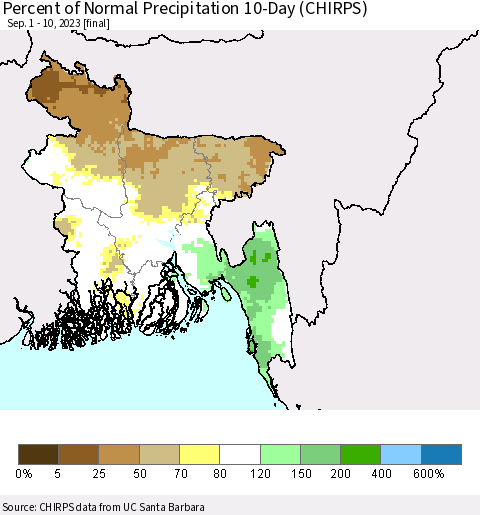 Bangladesh Percent of Normal Precipitation 10-Day (CHIRPS) Thematic Map For 9/1/2023 - 9/10/2023