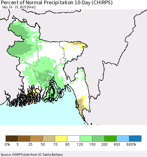 Bangladesh Percent of Normal Precipitation 10-Day (CHIRPS) Thematic Map For 9/16/2023 - 9/25/2023