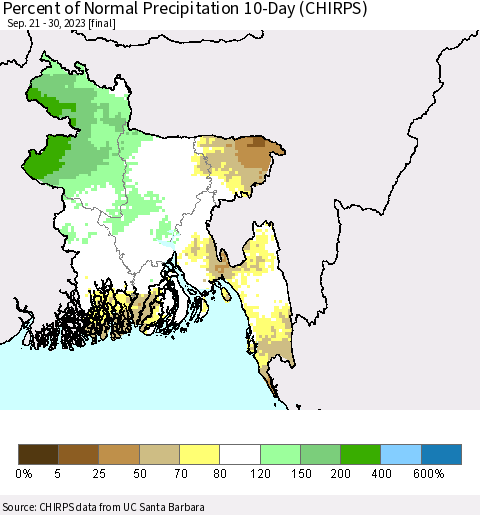 Bangladesh Percent of Normal Precipitation 10-Day (CHIRPS) Thematic Map For 9/21/2023 - 9/30/2023