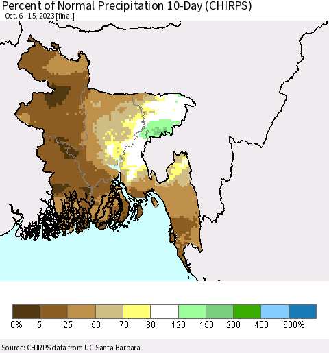 Bangladesh Percent of Normal Precipitation 10-Day (CHIRPS) Thematic Map For 10/6/2023 - 10/15/2023