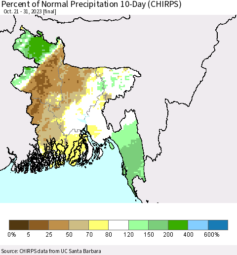 Bangladesh Percent of Normal Precipitation 10-Day (CHIRPS) Thematic Map For 10/21/2023 - 10/31/2023