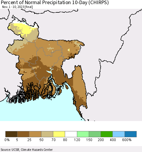 Bangladesh Percent of Normal Precipitation 10-Day (CHIRPS) Thematic Map For 11/1/2023 - 11/10/2023