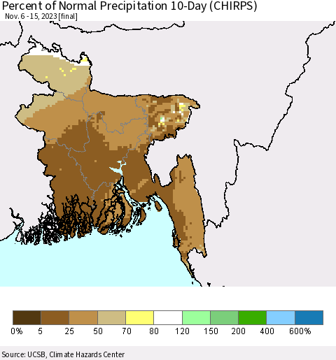 Bangladesh Percent of Normal Precipitation 10-Day (CHIRPS) Thematic Map For 11/6/2023 - 11/15/2023