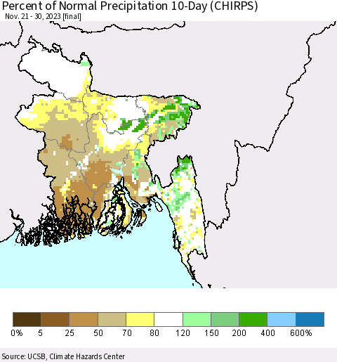 Bangladesh Percent of Normal Precipitation 10-Day (CHIRPS) Thematic Map For 11/21/2023 - 11/30/2023