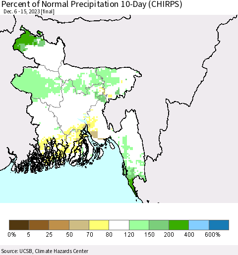 Bangladesh Percent of Normal Precipitation 10-Day (CHIRPS) Thematic Map For 12/6/2023 - 12/15/2023