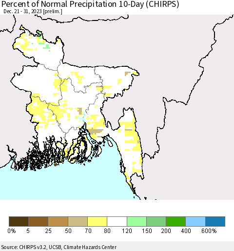 Bangladesh Percent of Normal Precipitation 10-Day (CHIRPS) Thematic Map For 12/21/2023 - 12/31/2023