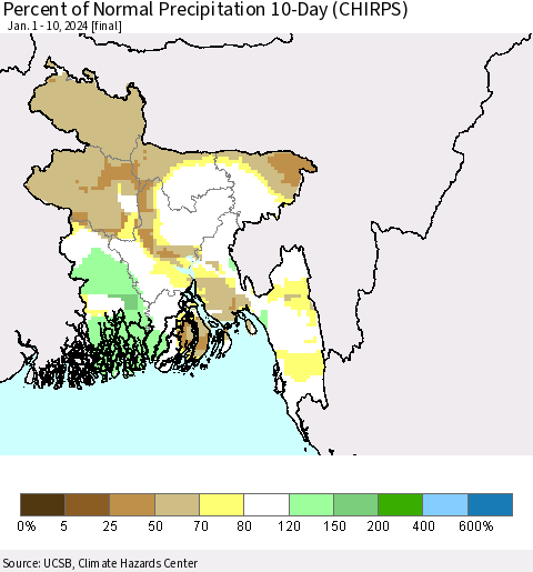 Bangladesh Percent of Normal Precipitation 10-Day (CHIRPS) Thematic Map For 1/1/2024 - 1/10/2024