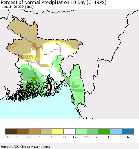 Bangladesh Percent of Normal Precipitation 10-Day (CHIRPS) Thematic Map For 1/11/2024 - 1/20/2024