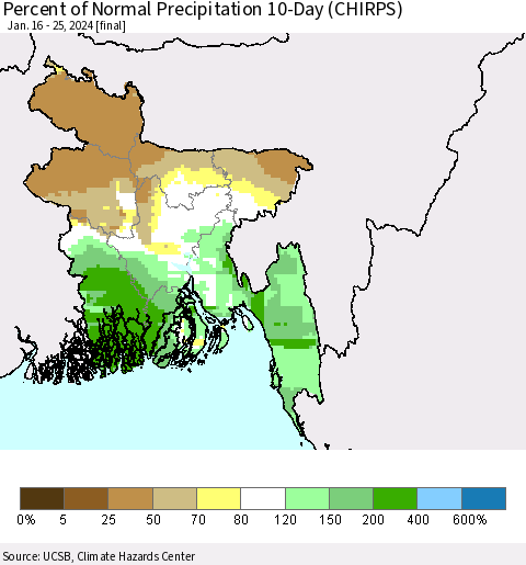 Bangladesh Percent of Normal Precipitation 10-Day (CHIRPS) Thematic Map For 1/16/2024 - 1/25/2024
