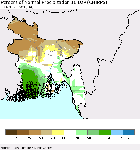 Bangladesh Percent of Normal Precipitation 10-Day (CHIRPS) Thematic Map For 1/21/2024 - 1/31/2024