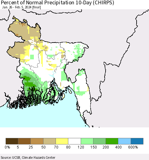 Bangladesh Percent of Normal Precipitation 10-Day (CHIRPS) Thematic Map For 1/26/2024 - 2/5/2024