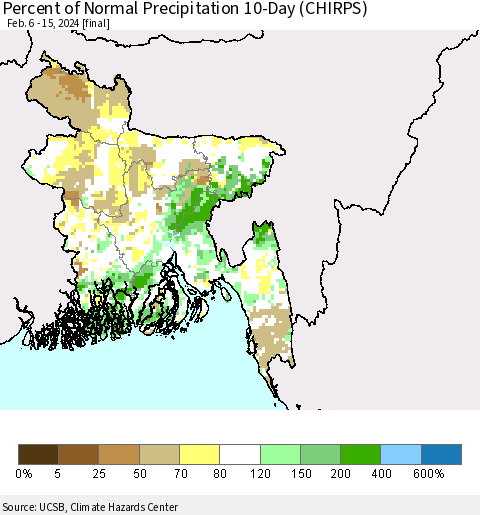 Bangladesh Percent of Normal Precipitation 10-Day (CHIRPS) Thematic Map For 2/6/2024 - 2/15/2024