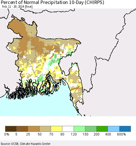 Bangladesh Percent of Normal Precipitation 10-Day (CHIRPS) Thematic Map For 2/11/2024 - 2/20/2024