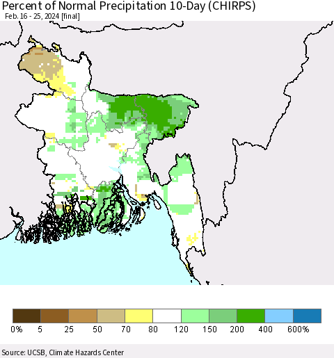 Bangladesh Percent of Normal Precipitation 10-Day (CHIRPS) Thematic Map For 2/16/2024 - 2/25/2024