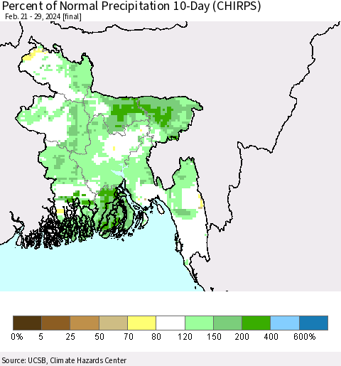 Bangladesh Percent of Normal Precipitation 10-Day (CHIRPS) Thematic Map For 2/21/2024 - 2/29/2024