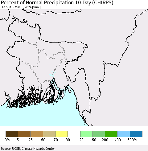 Bangladesh Percent of Normal Precipitation 10-Day (CHIRPS) Thematic Map For 2/26/2024 - 3/5/2024