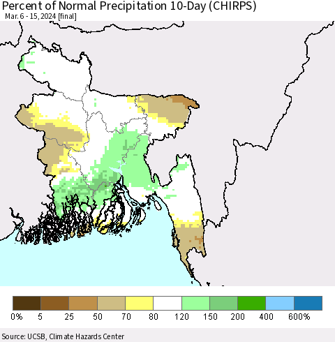 Bangladesh Percent of Normal Precipitation 10-Day (CHIRPS) Thematic Map For 3/6/2024 - 3/15/2024