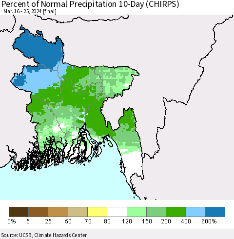 Bangladesh Percent of Normal Precipitation 10-Day (CHIRPS) Thematic Map For 3/16/2024 - 3/25/2024