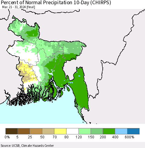 Bangladesh Percent of Normal Precipitation 10-Day (CHIRPS) Thematic Map For 3/21/2024 - 3/31/2024