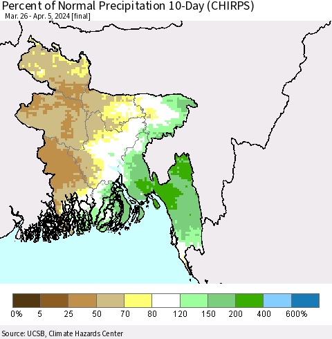 Bangladesh Percent of Normal Precipitation 10-Day (CHIRPS) Thematic Map For 3/26/2024 - 4/5/2024