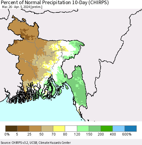 Bangladesh Percent of Normal Precipitation 10-Day (CHIRPS) Thematic Map For 3/26/2024 - 4/5/2024
