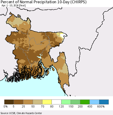 Bangladesh Percent of Normal Precipitation 10-Day (CHIRPS) Thematic Map For 4/1/2024 - 4/10/2024