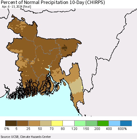 Bangladesh Percent of Normal Precipitation 10-Day (CHIRPS) Thematic Map For 4/6/2024 - 4/15/2024