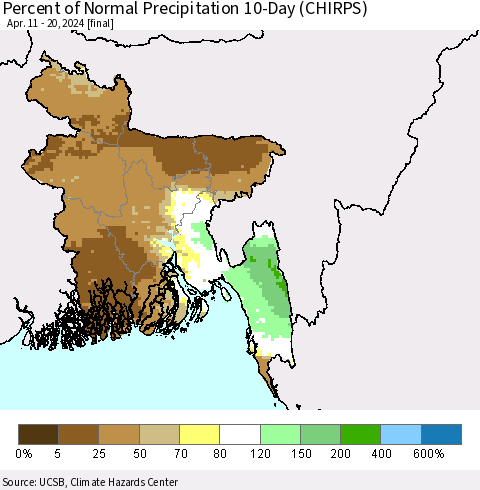 Bangladesh Percent of Normal Precipitation 10-Day (CHIRPS) Thematic Map For 4/11/2024 - 4/20/2024