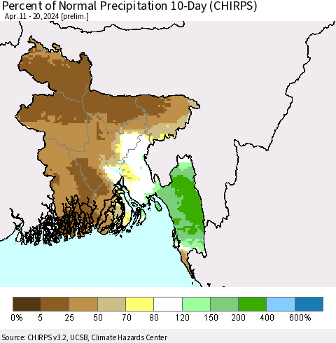 Bangladesh Percent of Normal Precipitation 10-Day (CHIRPS) Thematic Map For 4/11/2024 - 4/20/2024