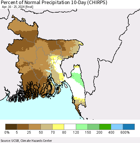 Bangladesh Percent of Normal Precipitation 10-Day (CHIRPS) Thematic Map For 4/16/2024 - 4/25/2024