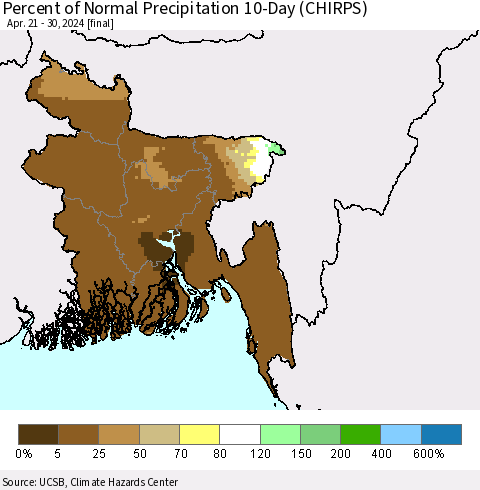 Bangladesh Percent of Normal Precipitation 10-Day (CHIRPS) Thematic Map For 4/21/2024 - 4/30/2024