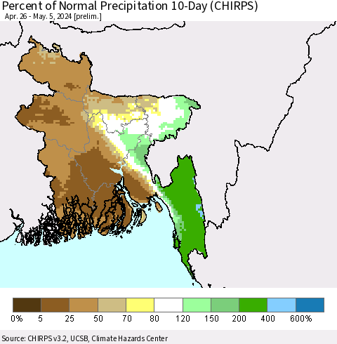 Bangladesh Percent of Normal Precipitation 10-Day (CHIRPS) Thematic Map For 4/26/2024 - 5/5/2024